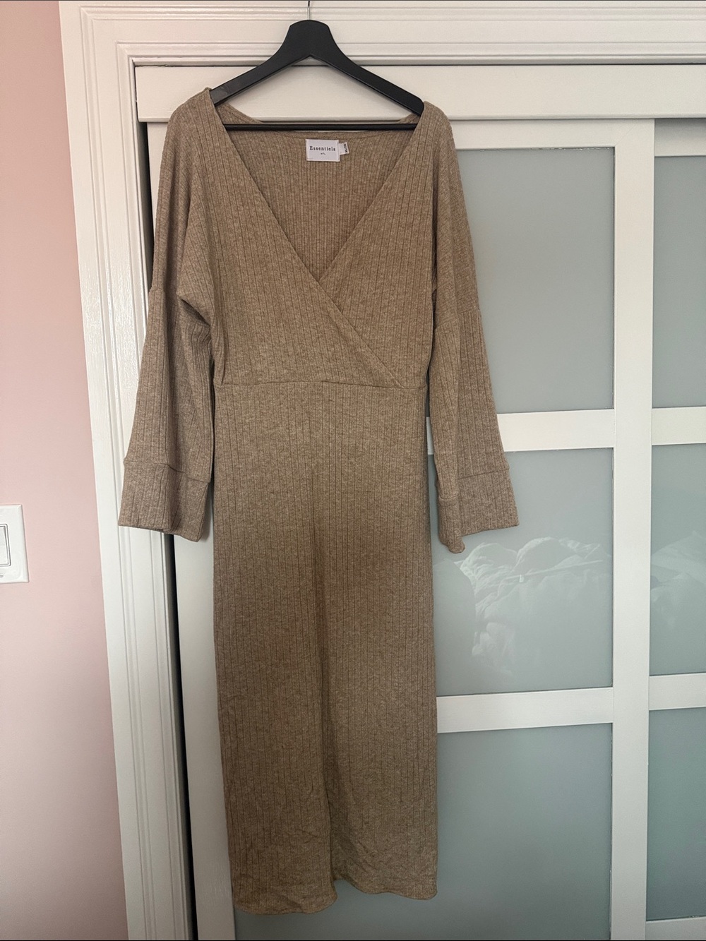 Essentials Ribbed Wrap Long-Sleeve Midi Dress in Taupe